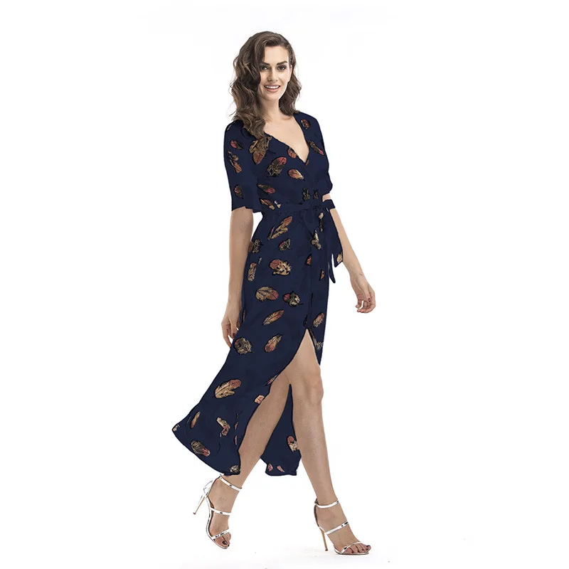 Для женщин Boho Стиль длинное шифоновое летнее платье женский короткий рукав