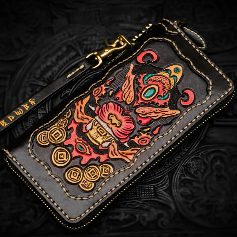 

High-grade Handmade Carving Wallets Zipper Purses Men Long Clutch Vegetable Tanned Leather Wallet Card Holder