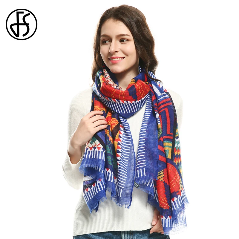 

FS Winter Long Ladies Scarves Cotton Linen Hijab Scarf Geometric Print Large Woman Shawls Pashmina With Tassel Foulard Femme