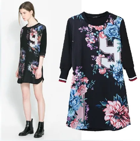 New spring and summer 2014 9 large flower print skirt women dress stitching Sleeve | Женская одежда