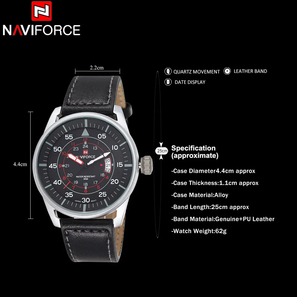 Новинка 2018 мужские кварцевые часы NAVIFORCE водонепроницаемые аналоговые Leatehr