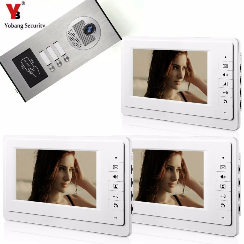 

Yobang Security 7"Inch Wired Video Door Phone Doorbell Home Entry Intercom System With RFID Access Door IR Camera For 3 Units