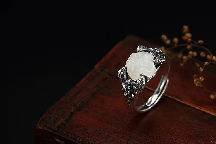 KJJEAXCMY boutique jewelry S925 Sterling Silver retro Thai silver natural Hetian jade white inlaid lotus flower lady openin | Украшения и