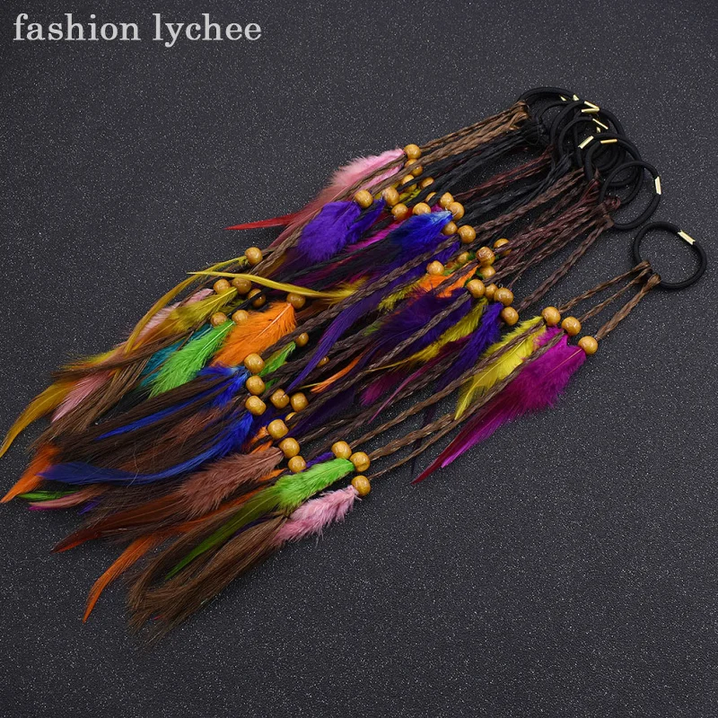 Модные lychee в богемном стиле бусины дредлок Красочные перо эластичное кольцо Длинная подвеска женские инструменты для наращивания волос
