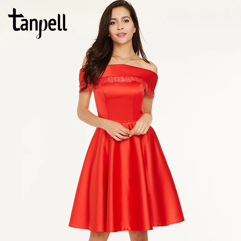 

Короткое платье для встречи выпускников Tanpell, красное платье с открытыми плечами до колен, ТРАПЕЦИЕВИДНОЕ ПЛАТЬЕ, дешевые женские коктейльн...