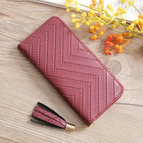 Новый Модный женский ПУ клатч кошелек однотонный Длинный с кисточками и