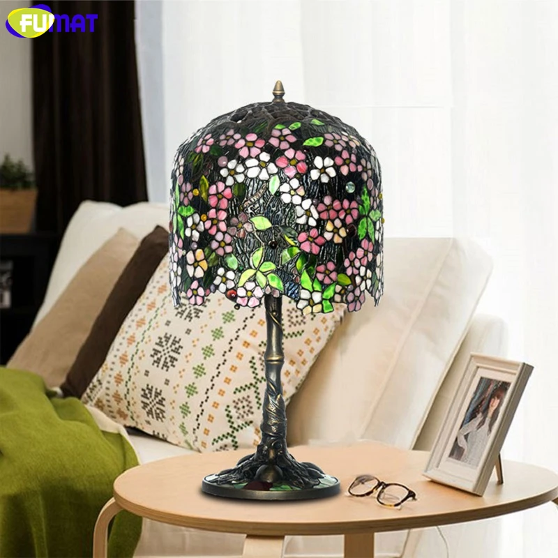 Fumat витражное стекло Тиффани Стиль настольная лампа Медь мозаика базы винограда