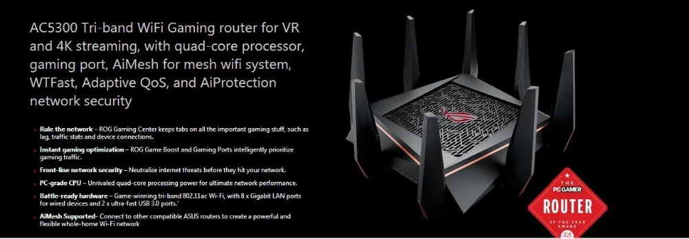 ASUS GT-AC5300 трехдиапазонный WiFi игровой маршрутизатор для VR и 4K потоковой передачи, с четырехъядерным процессором, игровым портом