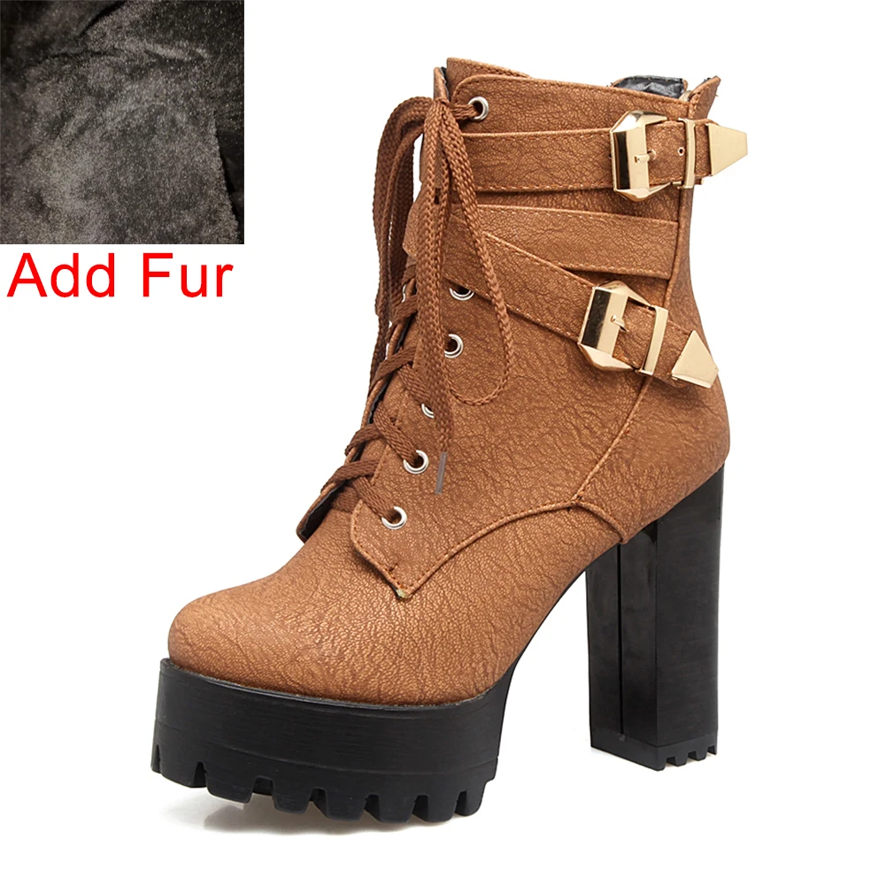 brown thick fur BONJOMARISA/ г. Весенне-зимние женские ботильоны черные ботинки на платформе и высоком каблуке 11 см размера плюс 33-50, женская обувь на шнуровке - Цвет: brown thick fur