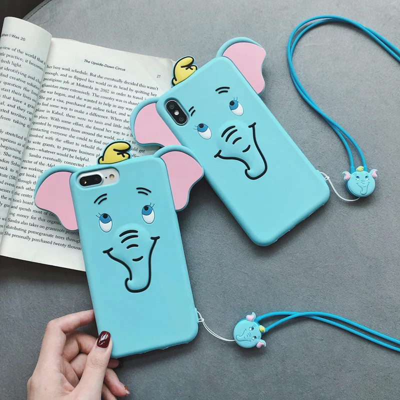 3D Cute DUMBO case For iphone XS max XR X Soft cover 8plus 7plus 7 8 6s 6plus elephant fundas +strap |