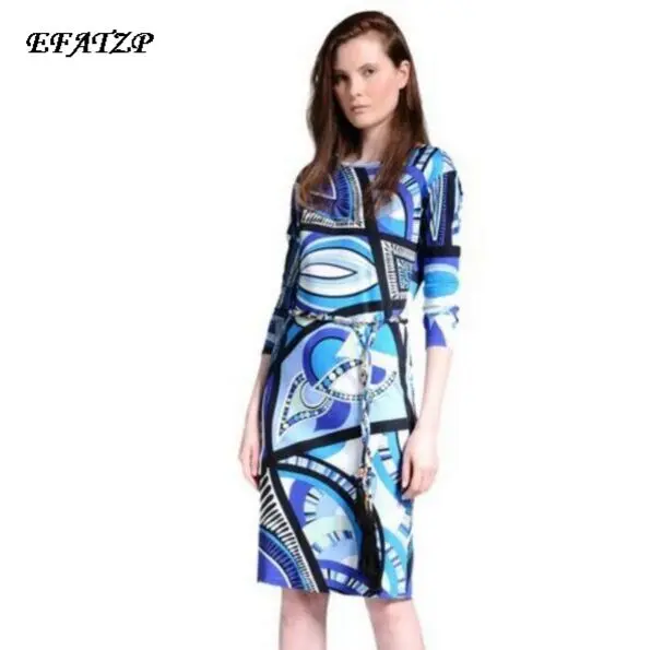[EFATZP] Новые Роскошные Брендовые женские синие геометрические принты с длинным