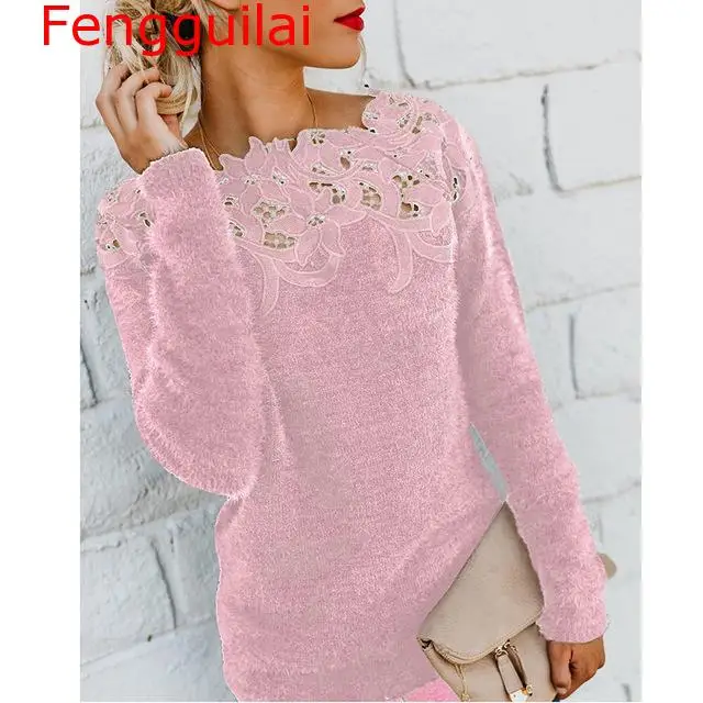 

Fengguilai Women Loose Knitted Pullover Jumper Sweater O Neck Long Sleeve Knitwear Top Lace Floral Collar Winter