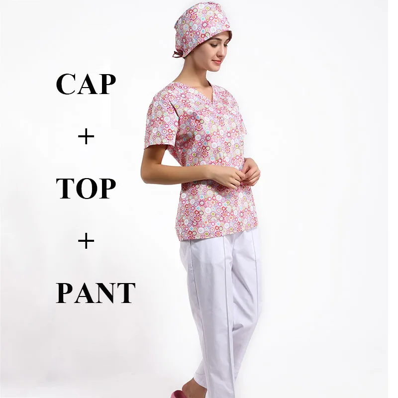 Top Pant and Cap Для женщин Медицинские Скраб Топы больницы формы стоматолог Костюмы Повседневная обувь в хлопок Цветочный принт комплект из 3 предметов с v-образным вырезом костюм комплекты - Цвет: Top Pant and Cap