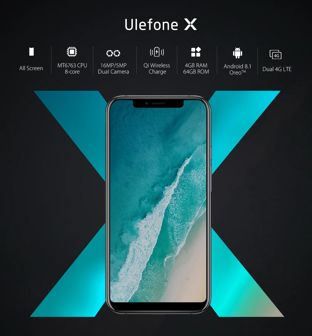 Ulefone X 5,8" Android 8,1, беспроводной Смартфон с зарядкой MT6763, четыре ядра, 4 Гб ОЗУ, 64 Гб ПЗУ, 16 МП, распознавание лица, 3300 мАч, OTG, мобильный телефон
