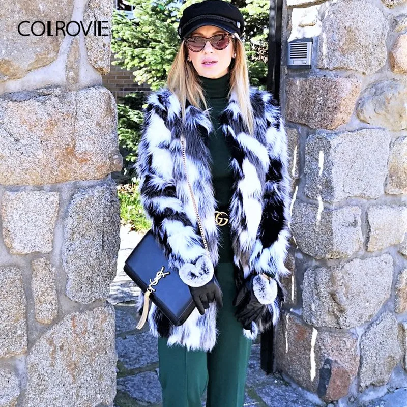 COLROVIE, Женское пальто из искусственного меха, расцветка, открытая спереди, элегантное, Осеннее, модное зимнее пальто с длинным рукавом, OL, пальто для работы, верхняя одежда