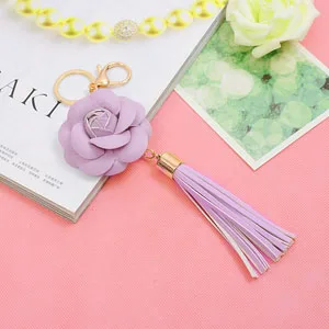 purple Felyskep Мода корейский стиль Кожа Роза из полиуретана цветок кисточкой брелок для женщин сумка или автомобиль подвесные брелоки Ювелирные изделия 237WA - Цвет: purple