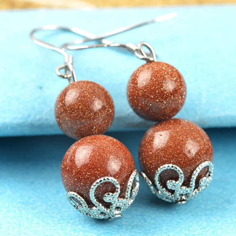 Серьги с натуральным золотым песком тыквы драгоценные камни бусины 10 мм