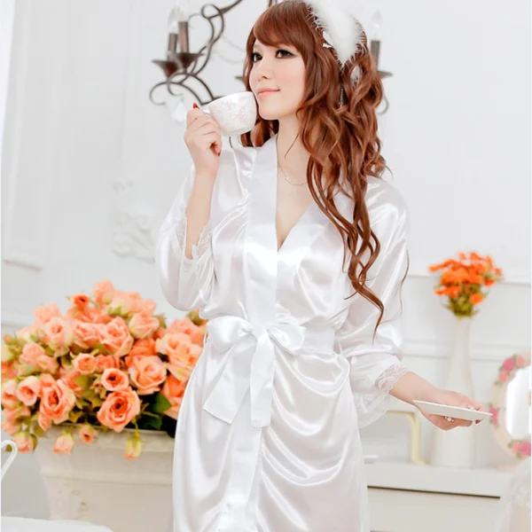

New Women Silk Satin Short Night Robe Solid Kimono Robe Sexy Bathrobe Peignoir Femme Wedding Bride Robe + Sexy thong underwear