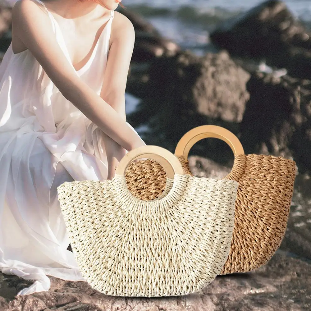 Женская плетеная солома сумка Модная ретро ручная бумажная веревка в форме Луны