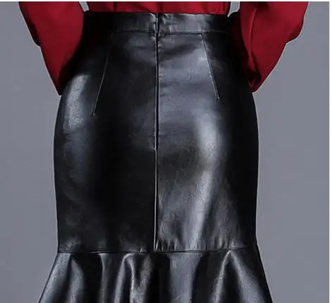 

Winter Fall Fashion Elegant Women Black Pu Leather Irregular Trumpet Mermid Skirt , Autumn Female Woman Slim Ruffles 4xl Skirts