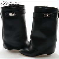 luxury winter warm female shoes bottine genuine leather sharklock fold over wedge black boots slip on over the knee ladies boots