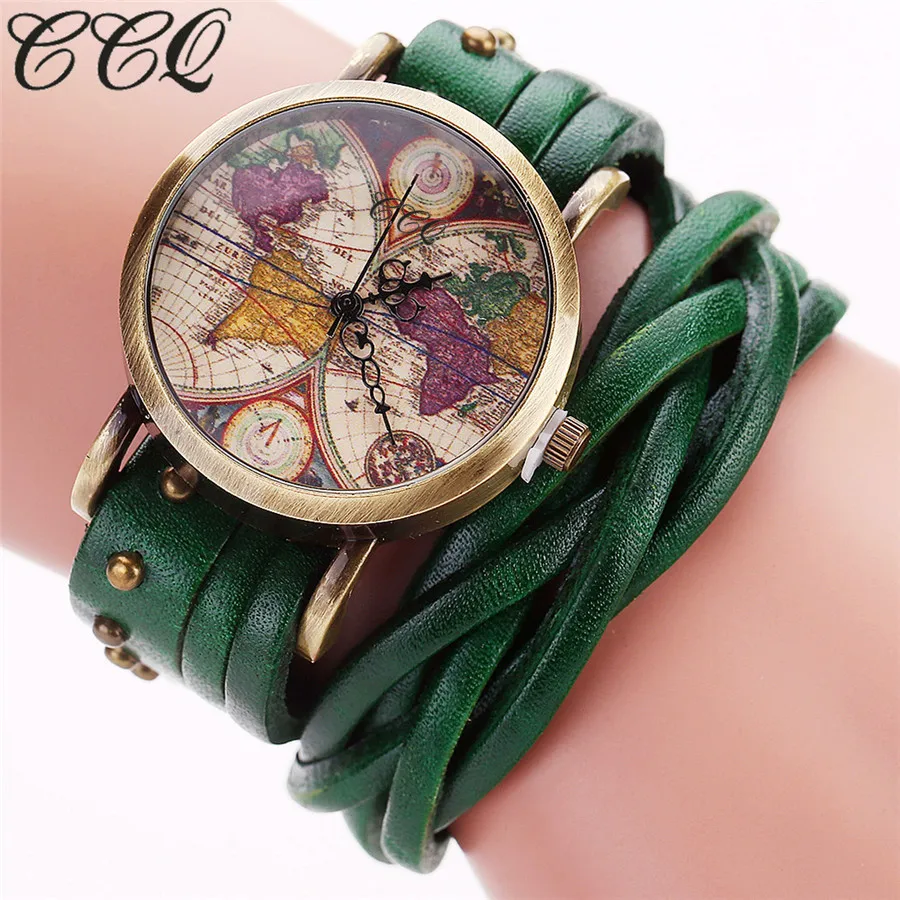 CCQ Марка Мода Урожай Ретро Заклепки Плетеный Натуральная Кожа Карта Мира Часы