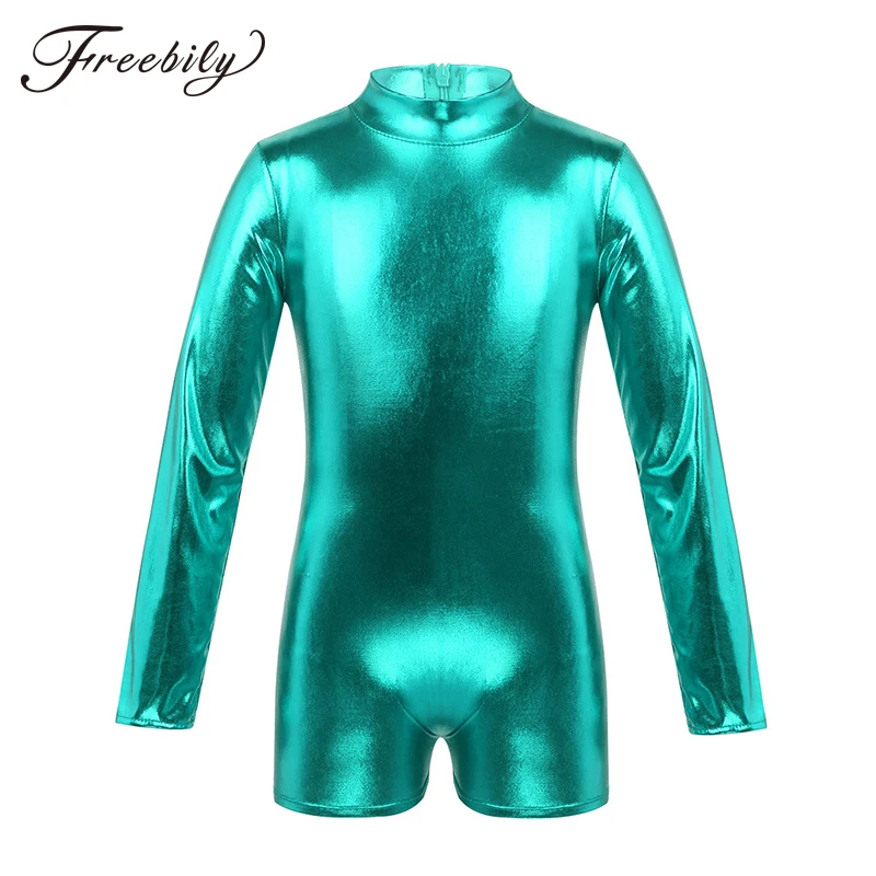 

Kids Turtleneck Metallic Biketards Shiny Shorty Unitards For Gymnastics Girls Long Sleeve Back Zipper Ballet Dance Leotards