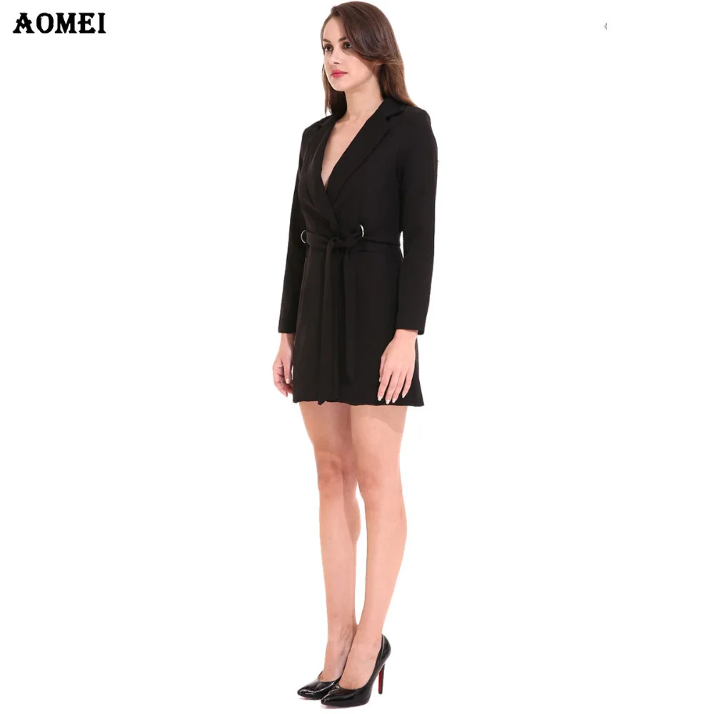 Женские весенние элегантные длинные блейзеры с поясом однотонные черные белые