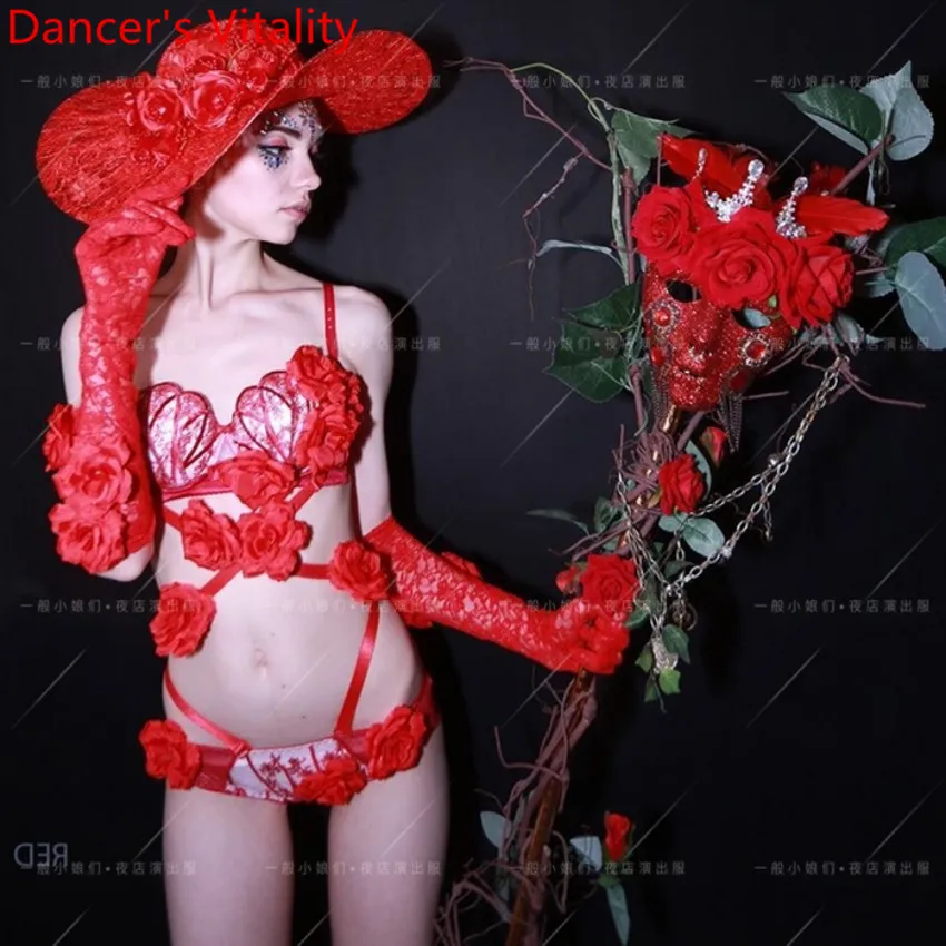 Новый костюм для сцены в ночном клубе кружевная Роза цветы DS певица DJ сексуальная