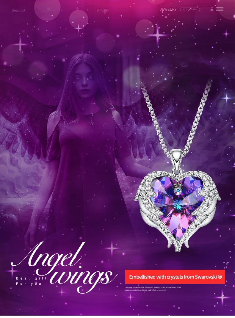 CDE женское серебряное ожерелье украшено кристаллами от Swarovski ожерелье крылья Ангела сердце кулон подарок на день Святого Валентина