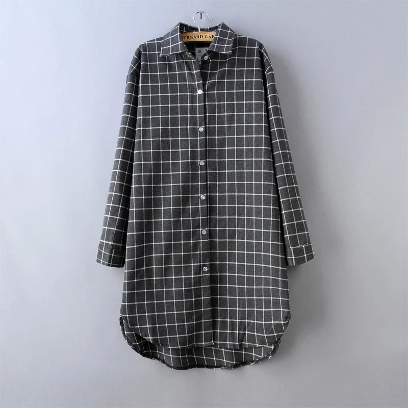 Клетчатая рубашка, женские длинные топы и блузки, Blusas, хлопковые топы для девушек, рубашка, блузка, Femininas, женские туники, красный, зеленый, черный, серый