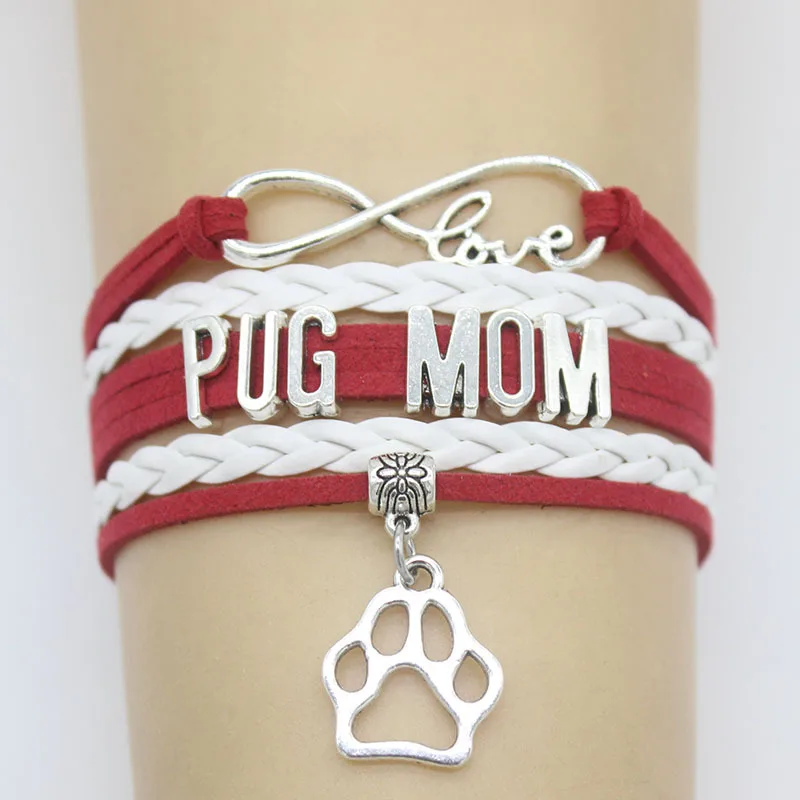 

10PC/lot Infinity Love Pug Mom Paw Charm Wrap Bracelets Pug Paw Print Charms Animal Bracelet Gifts Women & Men Bracelets Jewelry