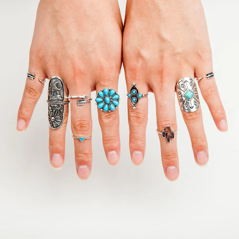 Комплект женских колец серебряного цвета 9 шт.|ring set|ring naturalstone blue |