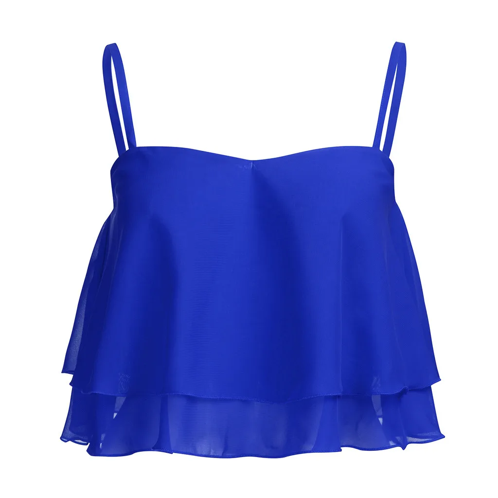 Blue Blusas mujer de moda, женская блузка, рубашка, Женская Сексуальная плиссированная двухслойная шифоновая блузка без рукавов с оборками, туника - Цвет: Blue