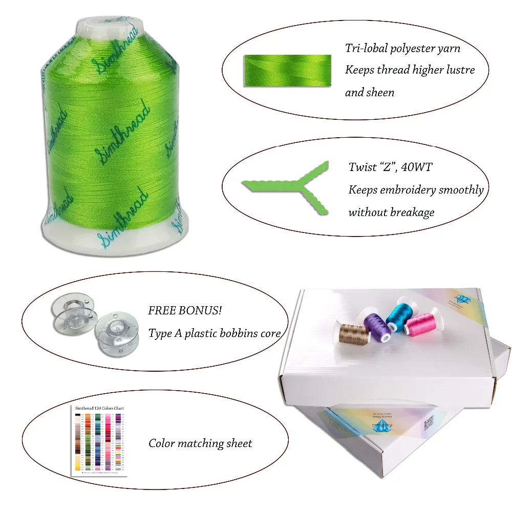 Simthread-hilo para m&aacute;quina de bordar, 120 colores surtidos, 100% poli&eacute;ster, 1000M/carrete, env&iacute;o gratis-3