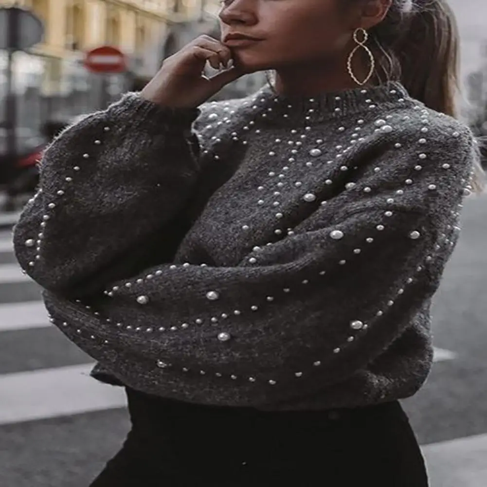 2018 Autumn Winter Thicken Sweater Pullover Tops Women Turtleneck Pearl Beading Long Sleeved Casual Loose Knitting Warm Sweaters | Женская