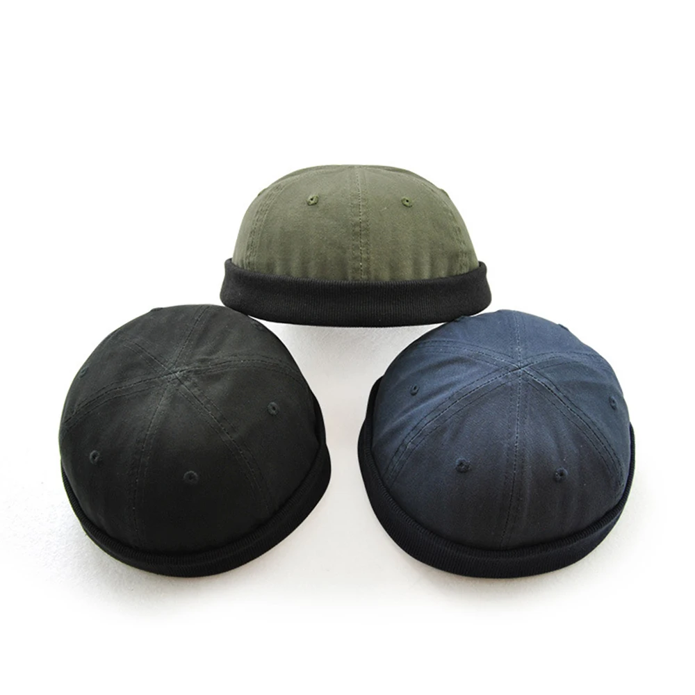 

2020 New Fashion Man's Retro Skullcap Hat Cap Adjustable PU Rolled Cuff Brimless Bonnet Beanies