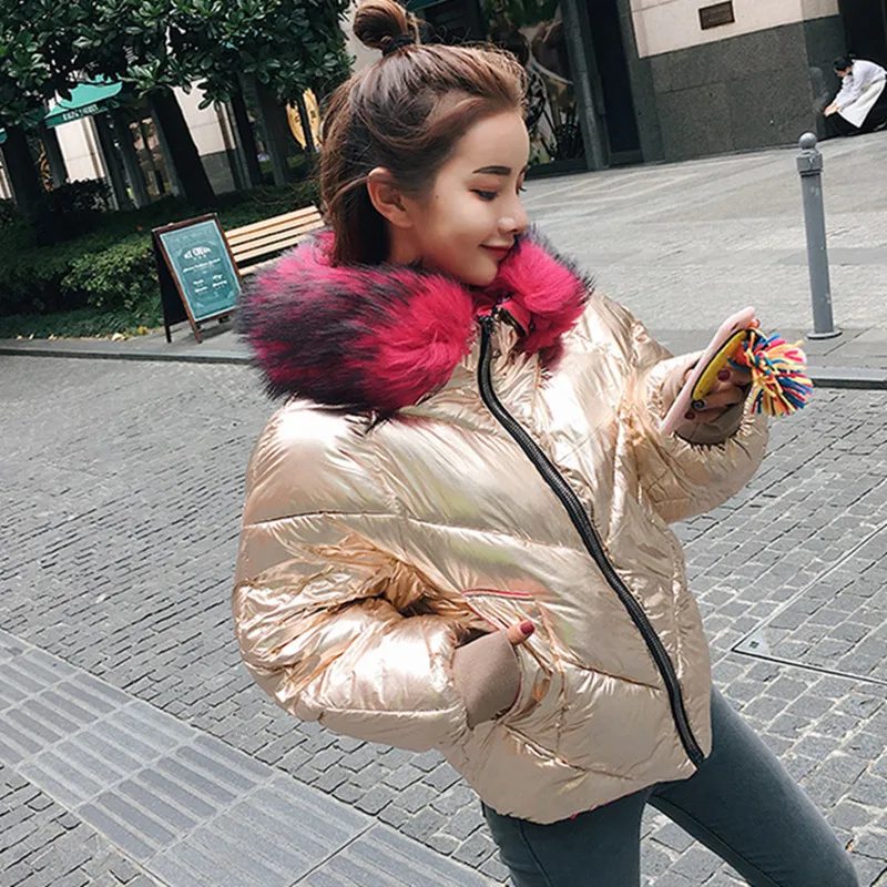 2018 короткая зимняя куртка Для женщин Мода серебряная яркая меховой воротник с