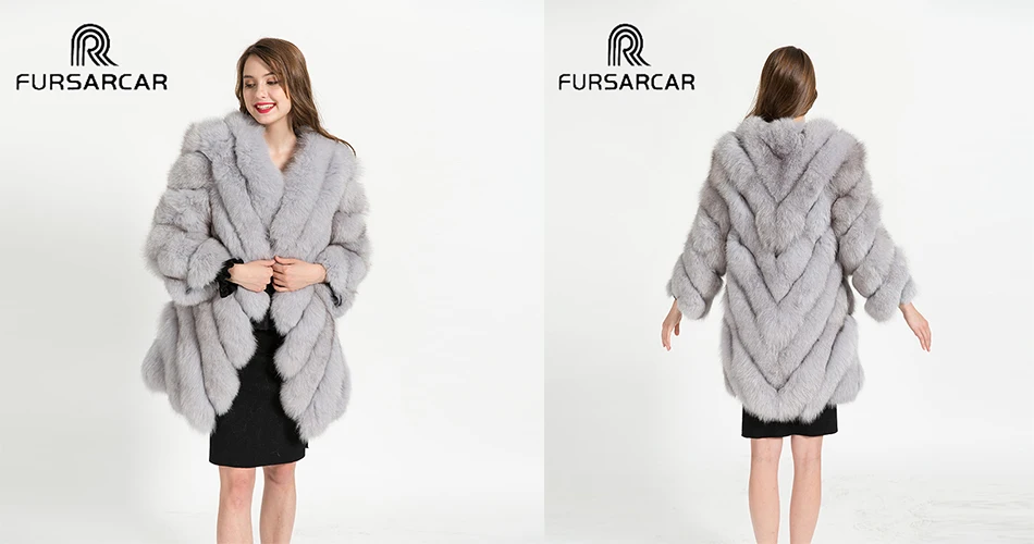 FURSARCAR Роскошные зимние Для женщин натуральный мех Натуральная длинный рукав женские комплекты с курткой для детей 80 см длинная полосатая ночная рубашка из натурального меха лисы пальто с лисьим мехом