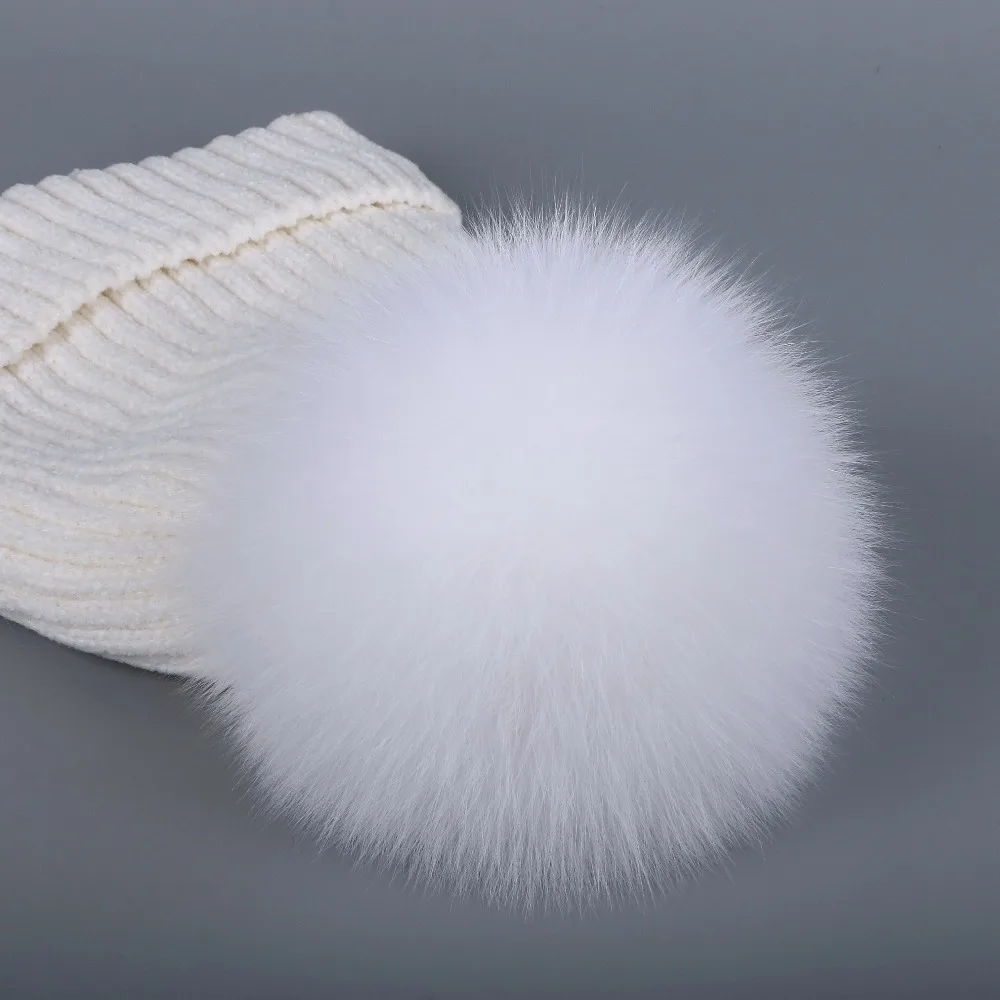 

women new Chenille beanies real fox pompons winter hats soft yarn high quality warmer knitted striped woman girl skullies gorros