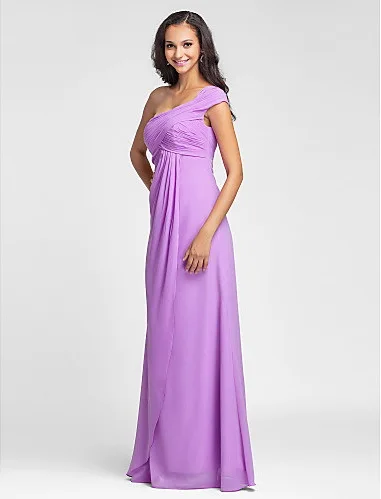 Delicate Design for Every Lady A-line Ruched Wide Straps One-off-shoulder Chiffon Floor-length Evening Dresses LTE79 | Свадьбы и