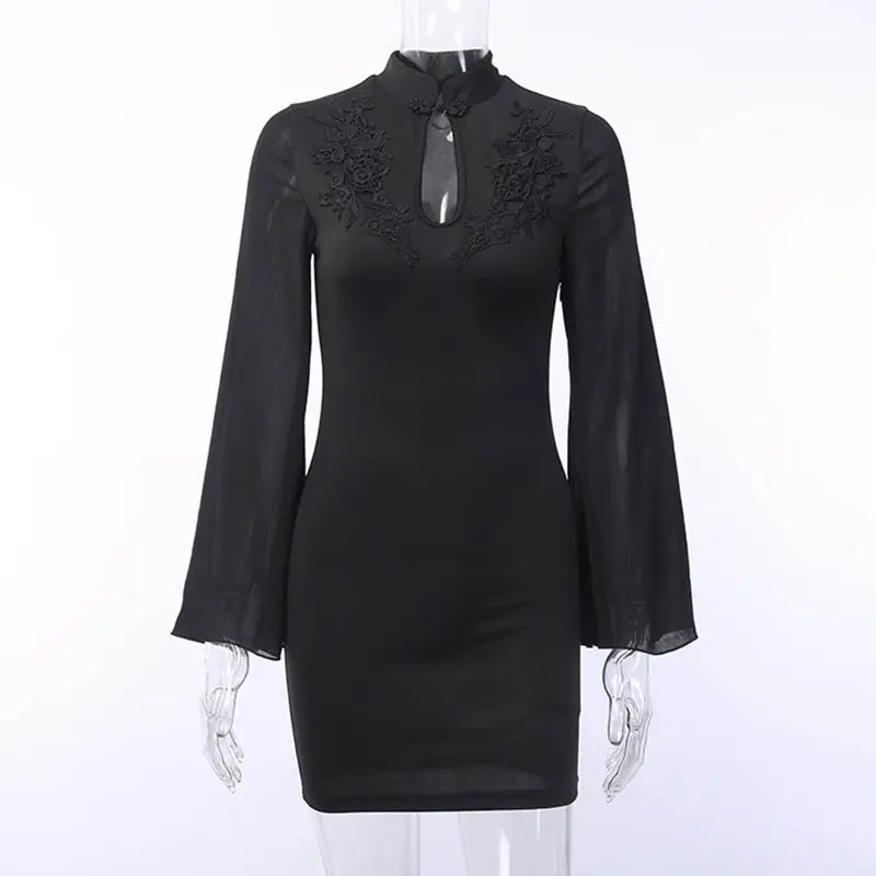 Летние винтажные шикарные готические Cheongsam черные женские мини платья