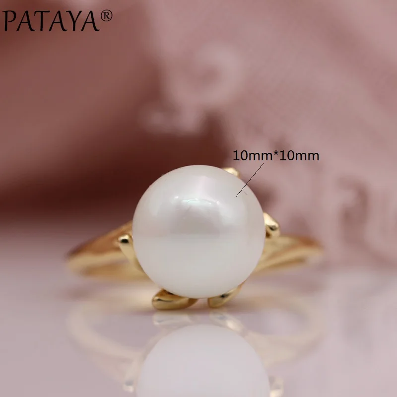 PATAYA, новинка, женские белые круглые жемчужные кольца, натуральный циркон, в форме листа, вечерние ювелирные изделия, 585, розовое золото, для свадьбы, хорошее кольцо