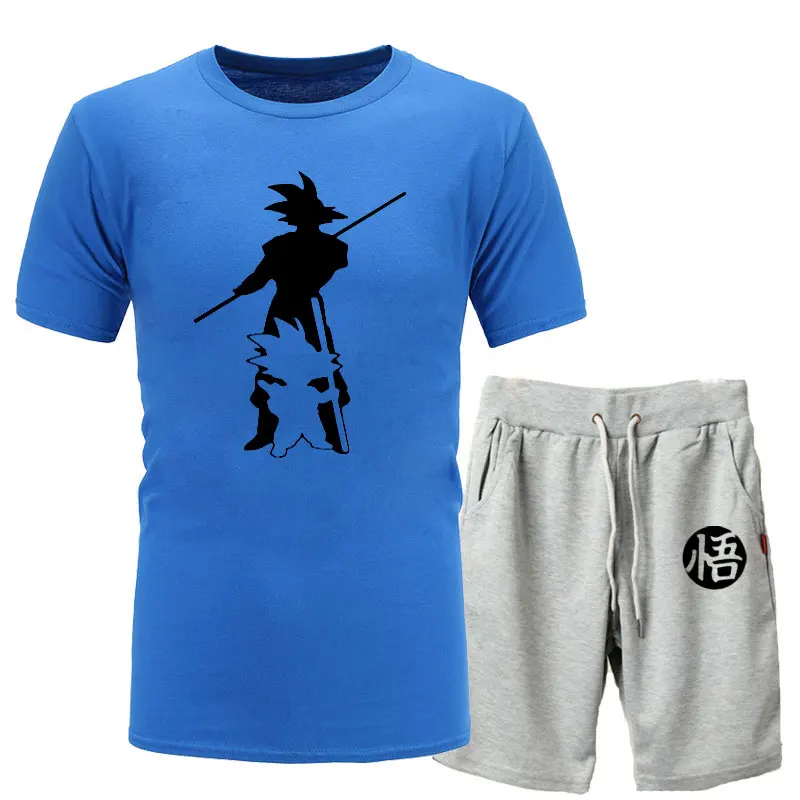 blue light gray 2 Новинка года; летняя футболка с принтом «Жемчуг дракона Z Goku» из 2 предметов+ шорты; футболка с короткими рукавами и круглым вырезом Повседневная брендовая одежда Vegeta Harajuku - Цвет: blue light gray 2