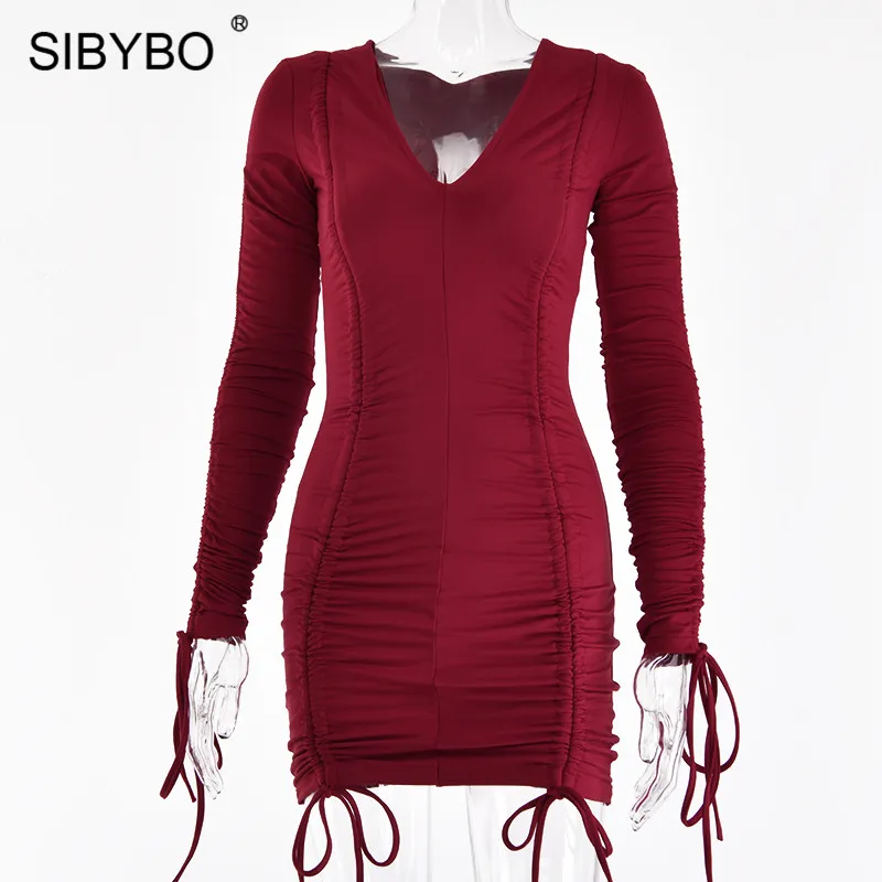 SIBYBO, Осеннее Плиссированное сексуальное мини-платье с длинным рукавом, модное облегающее Повседневное платье с v-образным вырезом, женские уличные облегающие вечерние платья - Цвет: Бургундия