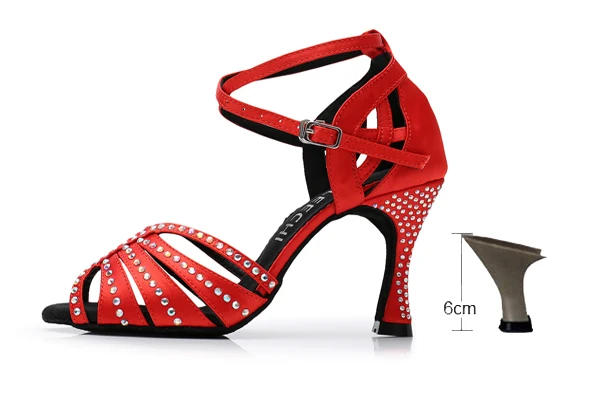 red heel 6cm DILEECHI/туфли для латинских танцев; стразы; Новинка; кожа; атлас; обувь для сальсы; женская Обувь для бальных танцев; Каблук 9 см; женские Танцевальные Кроссовки - Цвет: red heel 6cm
