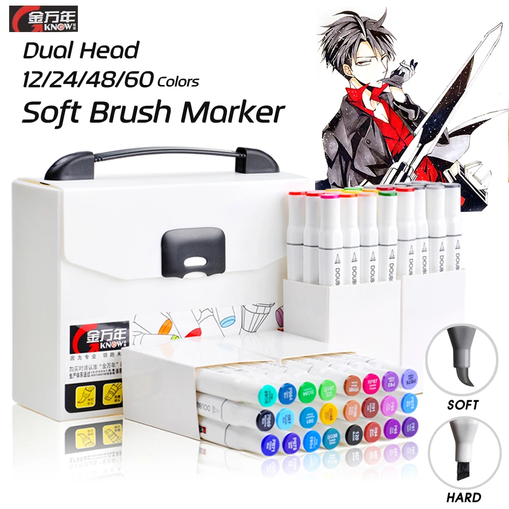 Знайте 12 24 48 60 цветов мягкие маркеры с двумя наконечниками для кистей и чернила на