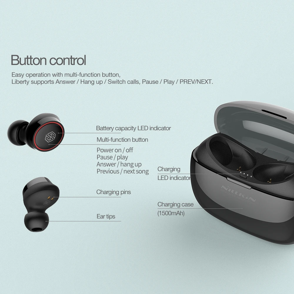 NILLKIN наушники-вкладыши TWS с 5,0 Bluetooth наушники 3D стерео беспроводные наушники с микрофоном, IPX4 в соответствии со стандартом водонепроницаемости Handsfree с зарядный чехол