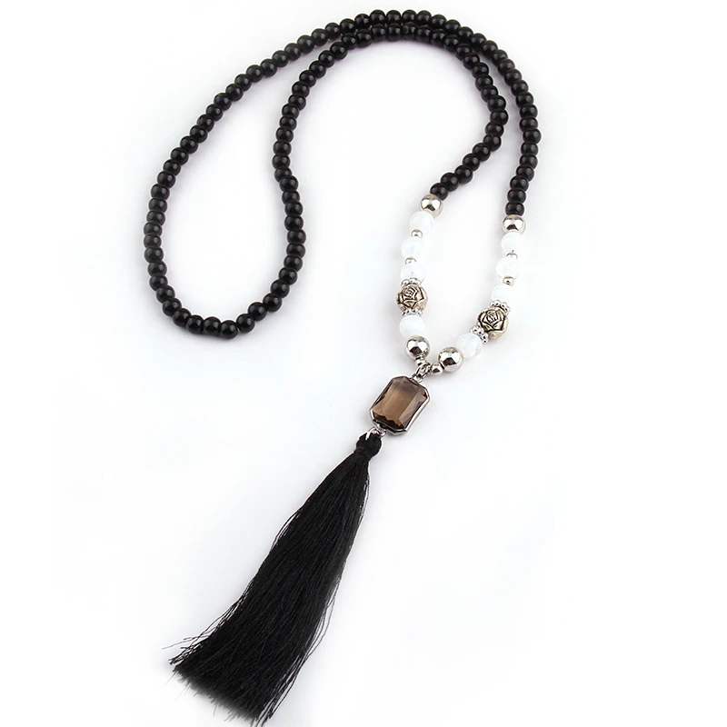 MOODPC модные черные камни Розария цепи звено длинной кисточкой ожерелье|tassel
