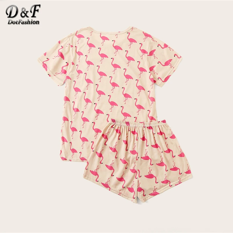 Dotfashion пижамный комплект с принтом животных фламинго Летняя Повседневная Пижама для женщин Весенняя женская модная Домашняя одежда с коротким рукавом